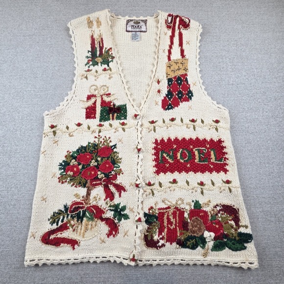 Vintage 90's Tiara International Christmas Sweater Vest Women's M Embroidered - Picture 2 of 12